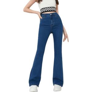 imageSweatyRocks Girls Casual High Waisted Zip Up Jeans Solid Flare Leg Stretch Denim PantsDark Wash
