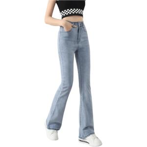 imageSweatyRocks Girls Casual High Waisted Zip Up Jeans Solid Flare Leg Stretch Denim PantsLight Wash