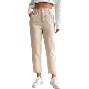 imageSweatyRocks Womens Casual High Elastic Waist Tapered Mom Jeans Cropped Denim PantsKhaki