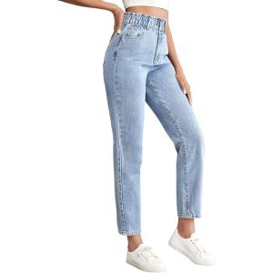 imageSweatyRocks Womens Casual High Elastic Waist Tapered Mom Jeans Cropped Denim PantsLight Wash