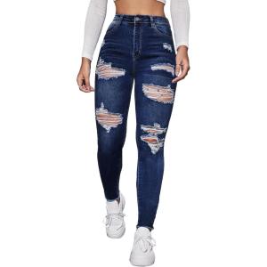 imageSweatyRocks Womens Casual High Rise Ripped Jeans Zipper Fly Skinny Denim PantsSolid Blue