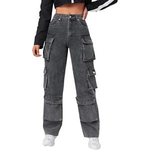 imageSweatyRocks Womens Casual High Waist Flap Pockets Cargo Jeans Baggy Straight Leg Denim PantsDark Grey