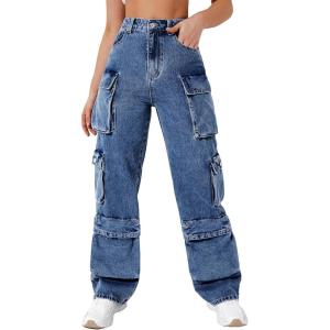 imageSweatyRocks Womens Casual High Waist Flap Pockets Cargo Jeans Baggy Straight Leg Denim PantsMachine Wash