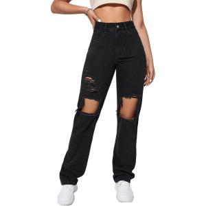 imageSweatyRocks Womens Casual Loose Ripped Denim Pants Distressed Wide Leg JeansBlack