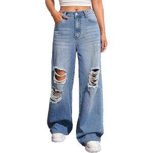 imageSweatyRocks Womens Casual Loose Ripped Denim Pants Distressed Wide Leg JeansBlue
