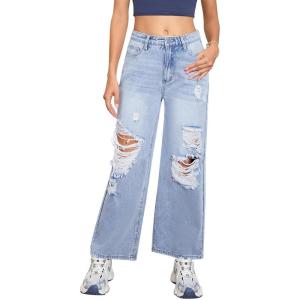 imageSweatyRocks Womens Casual Loose Ripped Denim Pants Distressed Wide Leg JeansBlue Color