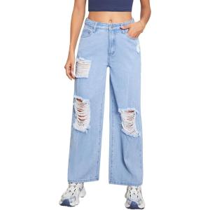imageSweatyRocks Womens Casual Loose Ripped Denim Pants Distressed Wide Leg JeansBlue Solid