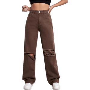 imageSweatyRocks Womens Casual Loose Ripped Denim Pants Distressed Wide Leg JeansCoffee Brown