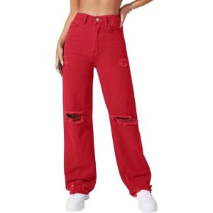 imageSweatyRocks Womens Casual Loose Ripped Denim Pants Distressed Wide Leg JeansRed
