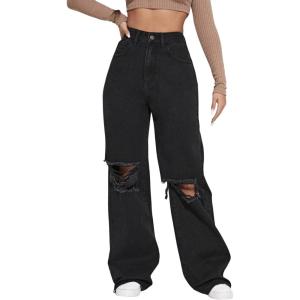 imageSweatyRocks Womens Casual Loose Ripped Denim Pants Distressed Wide Leg JeansSolid Pure Black
