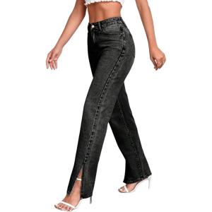 imageSweatyRocks Womens High Rise Zip Up Jeans Casual Split Hem Straight Leg Washed Denim PantsBlack