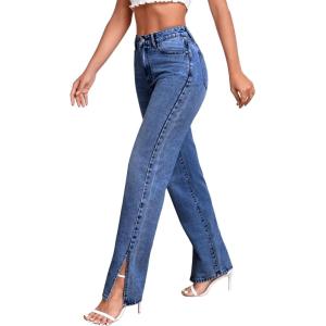 imageSweatyRocks Womens High Rise Zip Up Jeans Casual Split Hem Straight Leg Washed Denim PantsDark Wash