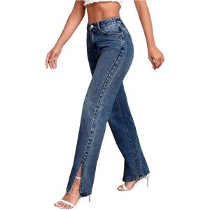 imageSweatyRocks Womens High Rise Zip Up Jeans Casual Split Hem Straight Leg Washed Denim PantsDeep Blue