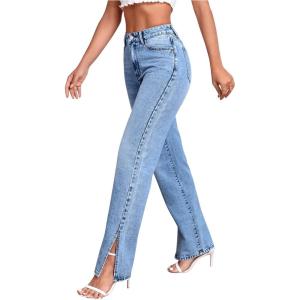 imageSweatyRocks Womens High Rise Zip Up Jeans Casual Split Hem Straight Leg Washed Denim PantsLight Blue