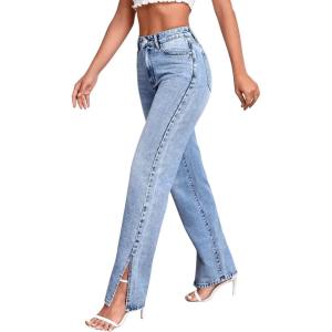 imageSweatyRocks Womens High Rise Zip Up Jeans Casual Split Hem Straight Leg Washed Denim PantsLight Wash