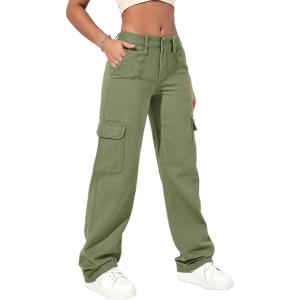 imageSweatyRocks Womens High Waist Cargo Jeans Flap Pocket Wide Leg Denim PantsArmy Green