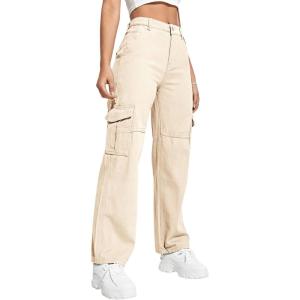imageSweatyRocks Womens High Waist Cargo Jeans Flap Pocket Wide Leg Denim PantsBeige