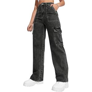 imageSweatyRocks Womens High Waist Cargo Jeans Flap Pocket Wide Leg Denim PantsBlack