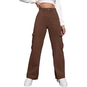 imageSweatyRocks Womens High Waist Cargo Jeans Flap Pocket Wide Leg Denim PantsChocolate Brown