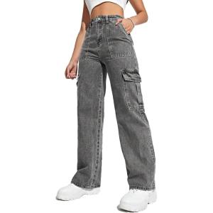 imageSweatyRocks Womens High Waist Cargo Jeans Flap Pocket Wide Leg Denim PantsDark Gray