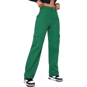 imageSweatyRocks Womens High Waist Cargo Jeans Flap Pocket Wide Leg Denim PantsDark Green