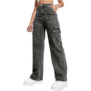 imageSweatyRocks Womens High Waist Cargo Jeans Flap Pocket Wide Leg Denim PantsDark Grey