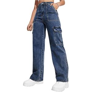 imageSweatyRocks Womens High Waist Cargo Jeans Flap Pocket Wide Leg Denim PantsDark Wash
