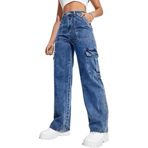 imageSweatyRocks Womens High Waist Cargo Jeans Flap Pocket Wide Leg Denim PantsDark Wash Blue