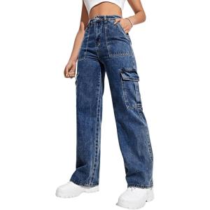 imageSweatyRocks Womens High Waist Cargo Jeans Flap Pocket Wide Leg Denim PantsDeep Blue