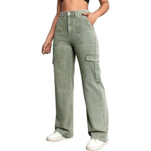 imageSweatyRocks Womens High Waist Cargo Jeans Flap Pocket Wide Leg Denim PantsDeep Green