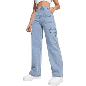 imageSweatyRocks Womens High Waist Cargo Jeans Flap Pocket Wide Leg Denim PantsLight Wash