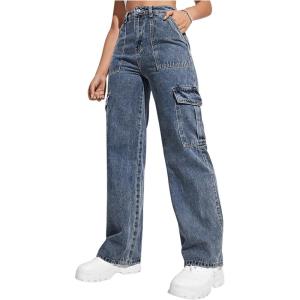 imageSweatyRocks Womens High Waist Cargo Jeans Flap Pocket Wide Leg Denim PantsMedium Wash