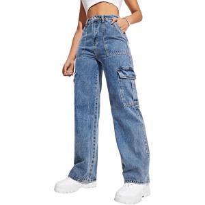 imageSweatyRocks Womens High Waist Cargo Jeans Flap Pocket Wide Leg Denim PantsMedium Wash Blue