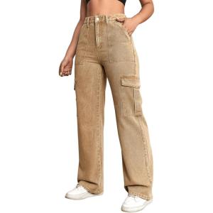 imageSweatyRocks Womens High Waist Cargo Jeans Flap Pocket Wide Leg Denim PantsPale Khaki