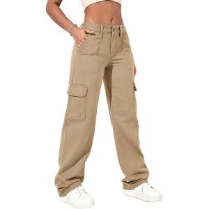 imageSweatyRocks Womens High Waist Cargo Jeans Flap Pocket Wide Leg Denim PantsPlain Khaki