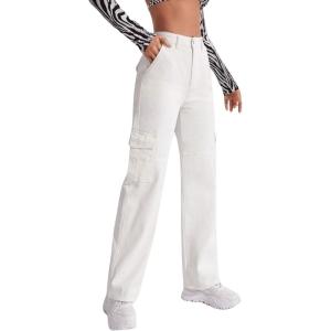 imageSweatyRocks Womens High Waist Cargo Jeans Flap Pocket Wide Leg Denim PantsPlain White