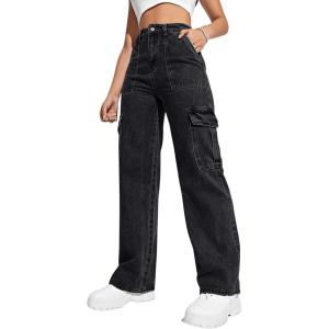 imageSweatyRocks Womens High Waist Cargo Jeans Flap Pocket Wide Leg Denim PantsPure Black