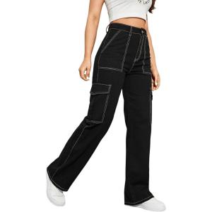 imageSweatyRocks Womens High Waist Cargo Jeans Flap Pocket Wide Leg Denim PantsSolid Black