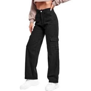 imageSweatyRocks Womens High Waist Cargo Jeans Flap Pocket Wide Leg Denim PantsSolid Plain Black