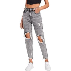 imageSweatyRocks Womens High Waist Ripped Jeans Distressed Raw Hem Denim PantsLight Grey
