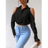 imageSweatyRocks Womens Cold Shoulder Long Sleeve Button Down Collared Cropped BlousesBlack