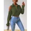 imageSweatyRocks Womens Cold Shoulder Long Sleeve Button Down Collared Cropped BlousesDark Green