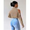 imageSweatyRocks Womens Cold Shoulder Long Sleeve Button Down Collared Cropped BlousesKhaki