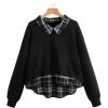 imageSweatyRocks Womens Contrast Plaid Print Long Sleeve Sweatshirt Collared Curved Hem Pullover TopBlack
