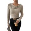 imageSweatyRocks Womens Cowl Neck Long Sleeve T Shirts Draped Slim Fit Ribbed Knit Basic TopsApricot