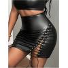 imageSweatyRocks Womens Crisscross Lace Up Stretchy PU Leather High Waist Bodycon Mini SkirtsBlack