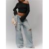 imageSweatyRocks Womens Leopard Print Sheer Mesh Crop Tops Asymmetrical Off The Shoulder Long Sleeve Fitted Tee ShirtsBlack