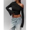 imageSweatyRocks Womens Leopard Print Sheer Mesh Crop Tops Asymmetrical Off The Shoulder Long Sleeve Fitted Tee ShirtsBlack