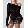 imageSweatyRocks Womens Leopard Print Sheer Mesh Crop Tops Asymmetrical Off The Shoulder Long Sleeve Fitted Tee ShirtsBlack Mesh