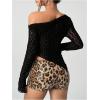 imageSweatyRocks Womens Leopard Print Sheer Mesh Crop Tops Asymmetrical Off The Shoulder Long Sleeve Fitted Tee ShirtsBlack Mesh